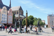 Fountain in the square with the church in the background