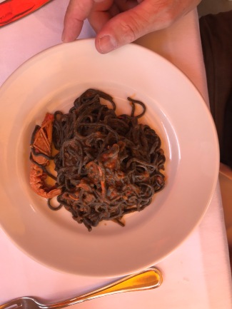 Black spaghetti with prawns